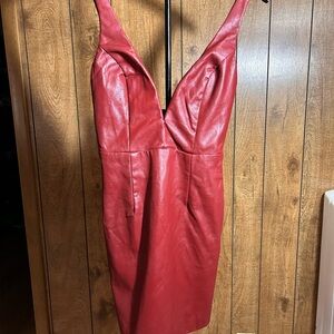 Lulu's Red Faux Leather Plunge Mini Dress Perfect Pick